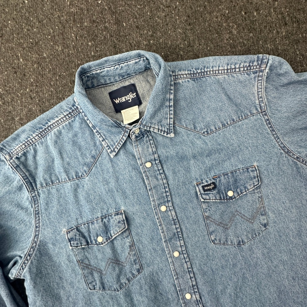 Wrangler Denim Shirt Mens XL Blue Western Pearl Snap Long Sleeve workwear cowboy